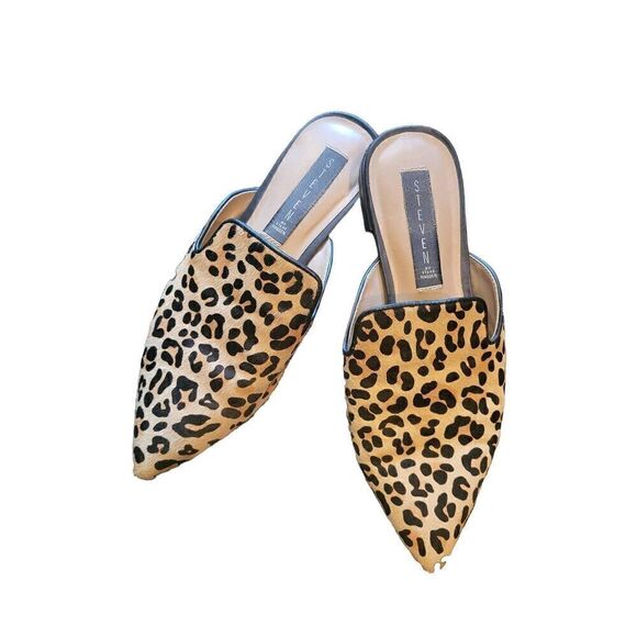 Steve Madden Mules Women's 6.5 Tan Leopard Print Calf Hair Slip On Flats - Picture 1 of 4
